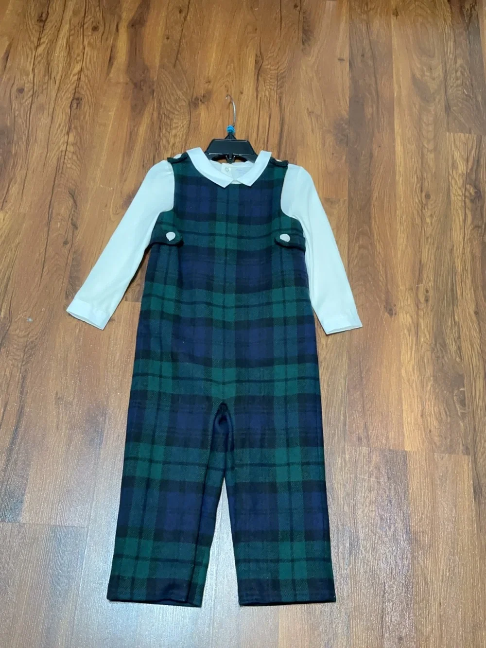 Ralph Lauren Wool Green and Navy Plaid Infant Romper with White Collared Shirt